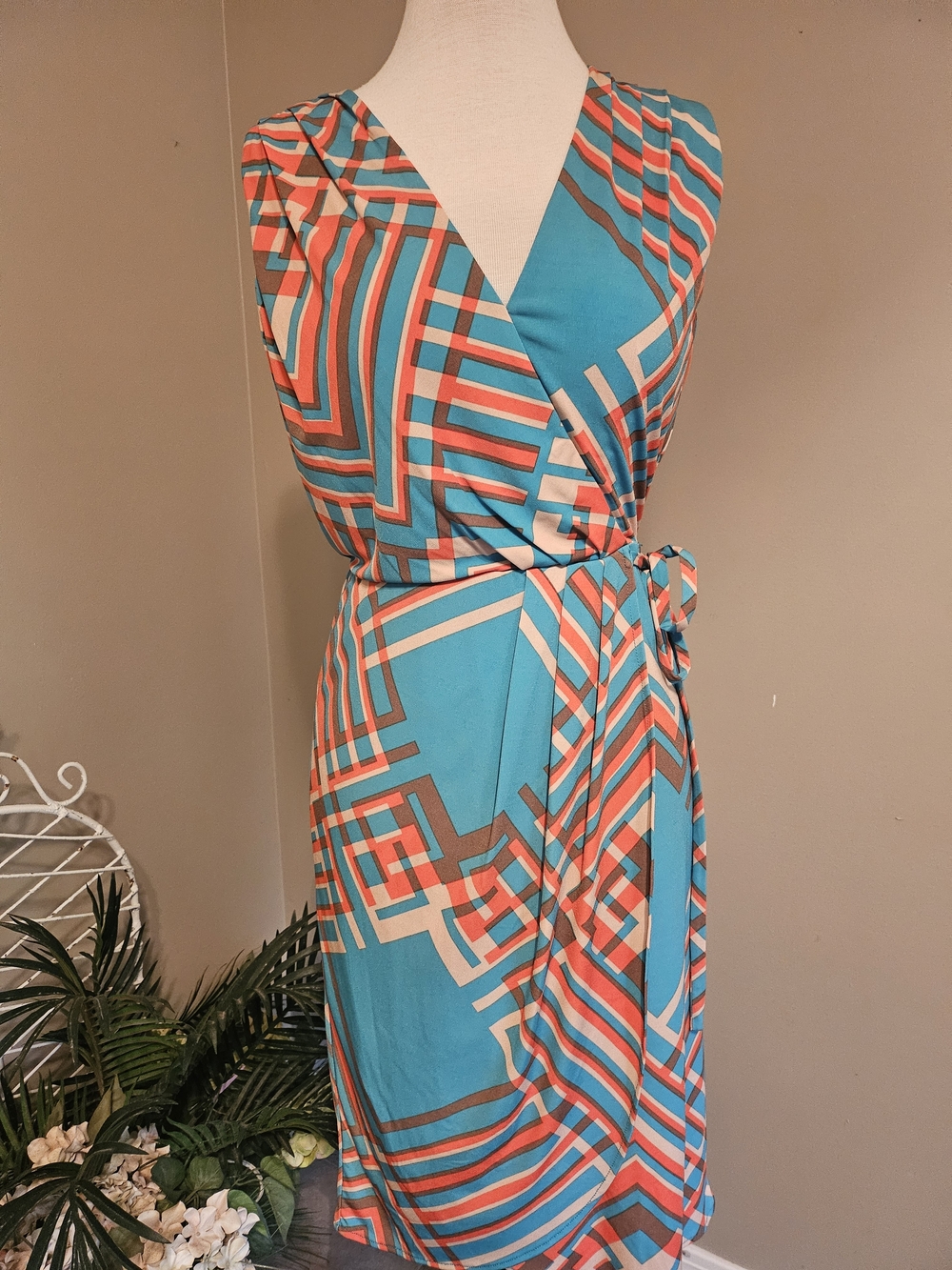 Jessica Simpson Teal, Coral & Cream Geometric Wrap Midi Dress